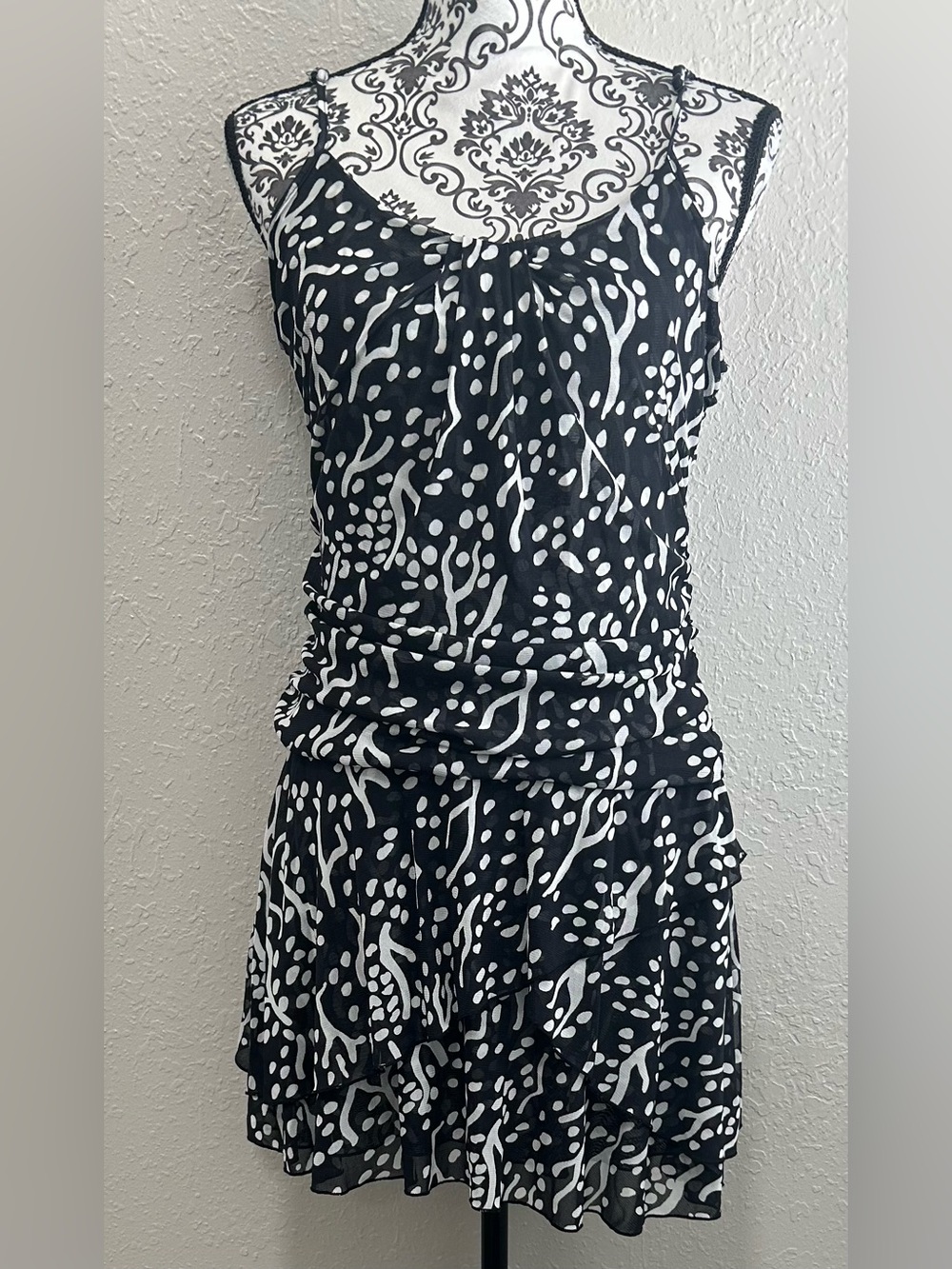 Diane von Furstenberg Strappy Mesh Sea Spots Black/White Mini Dress Size Large